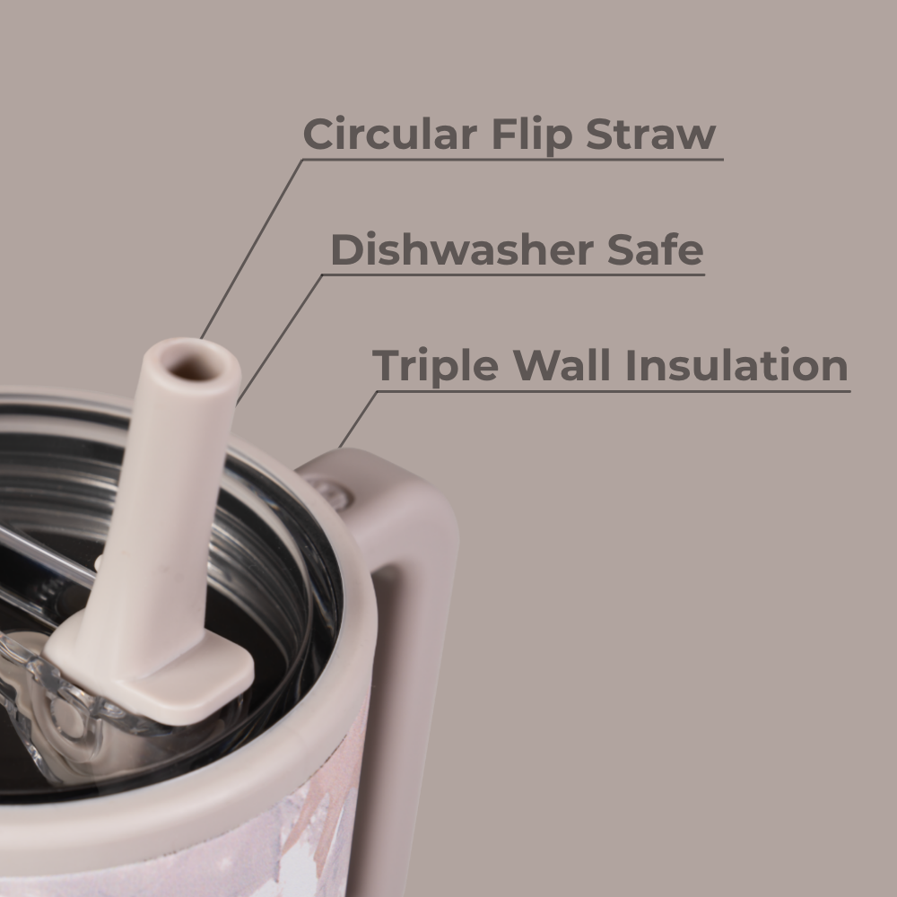Camo Traveler 32oz Features – Flip Straw, Dishwasher Safe, Triple Wall Insulated