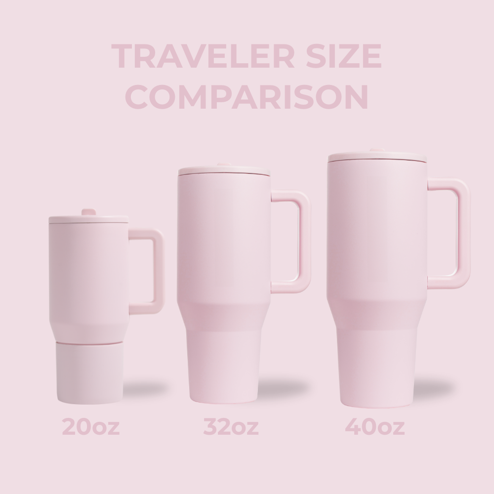 Tradeons Traveler Size Comparison – 20oz, 32oz, 40oz in Pink Sand