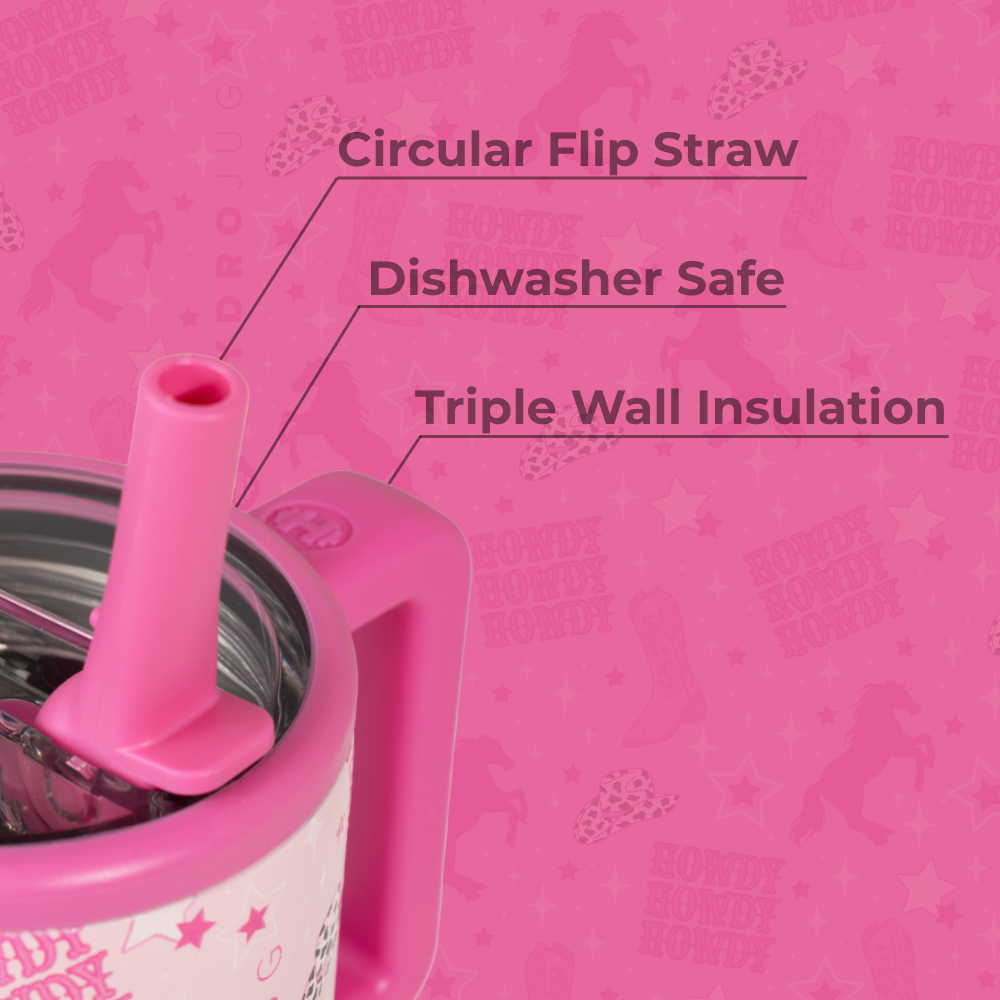 Cowgirl Traveler 20oz Features – Flip Straw, Dishwasher Safe, Triple Wall Insulated