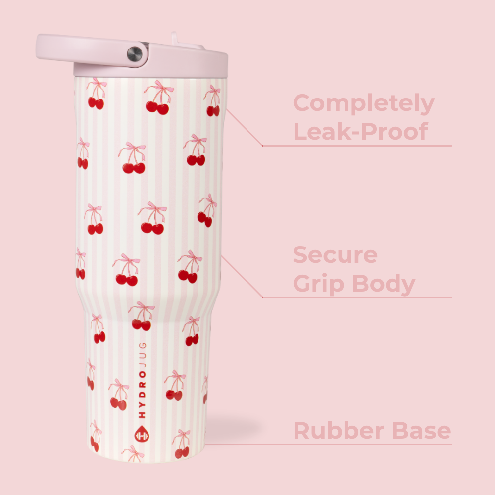 Sweet Cherry Sport Bottle 40oz Features – Leak-Proof, Grip Body, Rubber Base