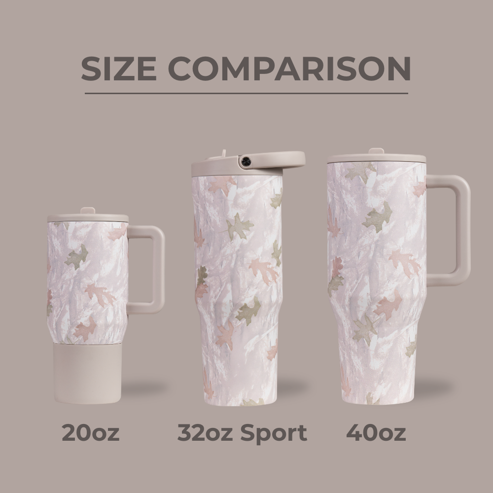 Tradeons Size Comparison – 20oz, 32oz Sport, and 40oz Bottles in Camo