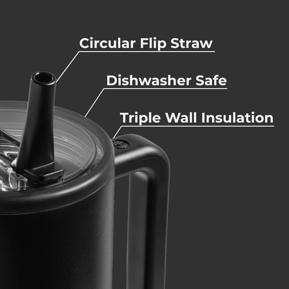 Black Traveler 40oz Features – Flip Straw, Dishwasher Safe, Triple Wall Insulated