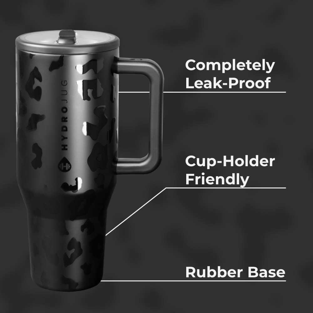 Black Leopard Traveler 40oz Features – Leak-Proof, Cup-Holder Fit, Rubber Base