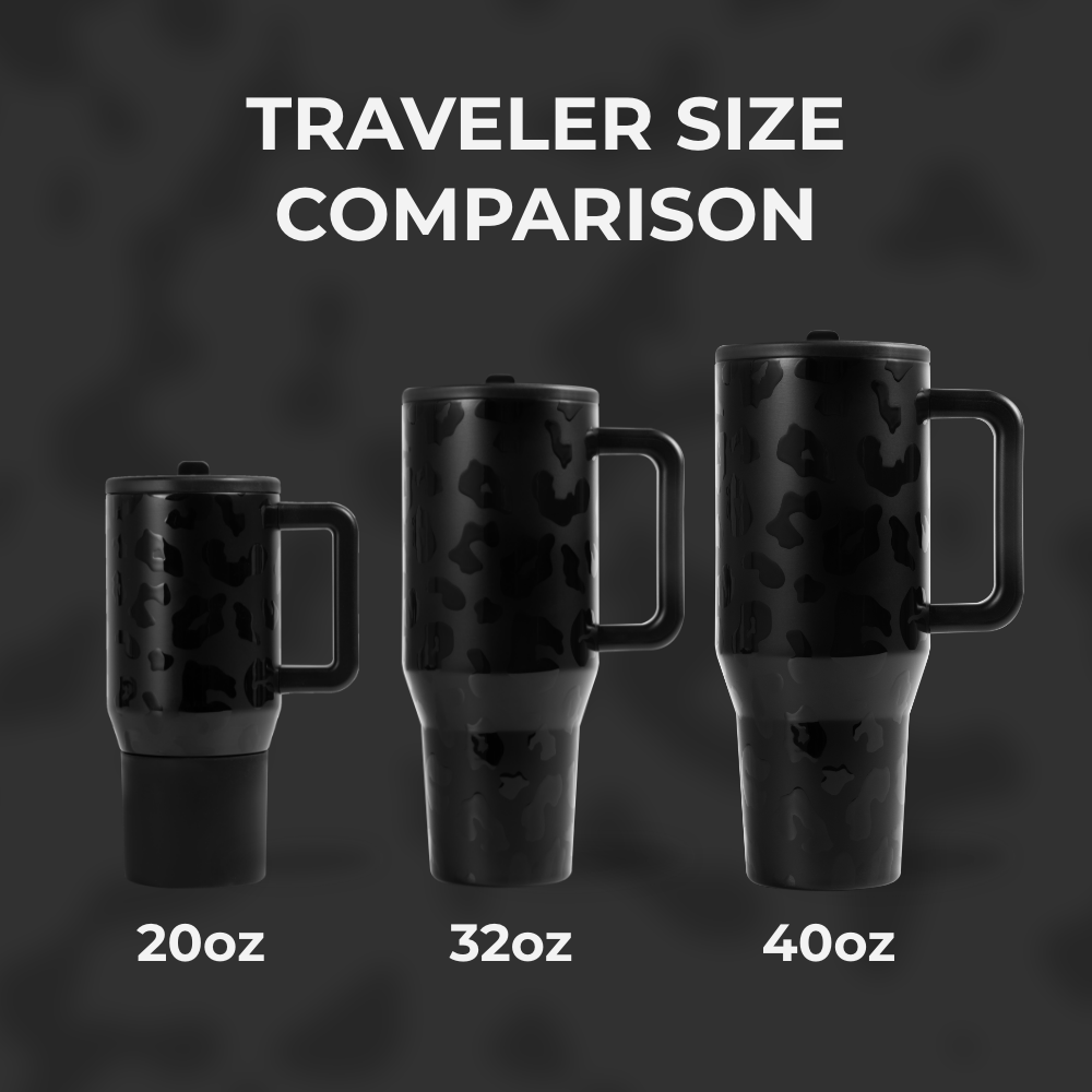 Tradeons Traveler Size Comparison – 20oz, 32oz, 40oz in Black Leopard