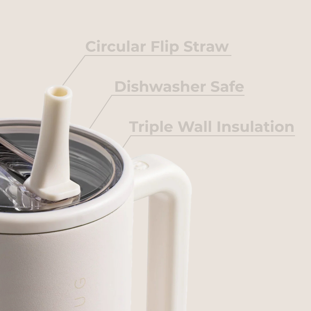 Cream Traveler 40oz Features – Flip Straw, Dishwasher Safe, Triple Wall Insulated