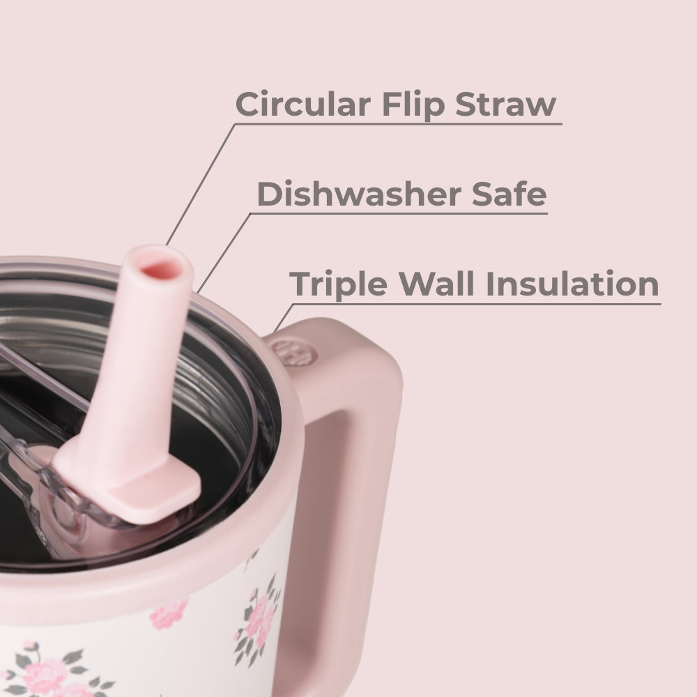 Wildrose Traveler 40oz Features – Flip Straw, Dishwasher Safe, Triple Wall Insulated