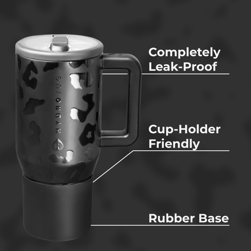 Black Leopard Traveler 20oz Features – Leak-Proof, Cup-Holder Fit, Rubber Base
