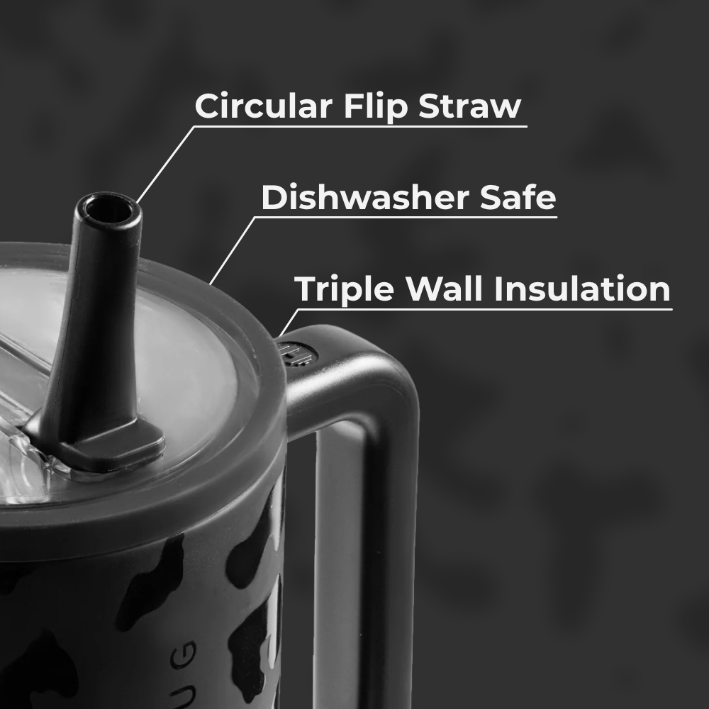 Black Leopard Traveler 20oz Features – Flip Straw, Dishwasher Safe, Triple Wall Insulated