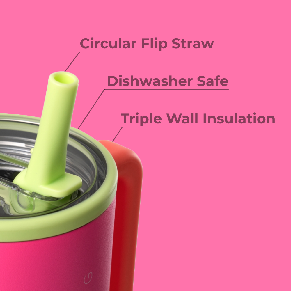 Orchid Traveler 20oz Features – Flip Straw, Dishwasher Safe, Triple Wall Insulated