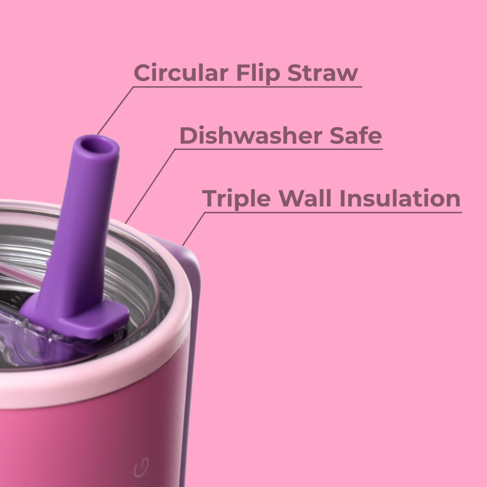 Pink Sugar Traveler 20oz Features – Flip Straw, Dishwasher Safe, Triple Wall Insulated