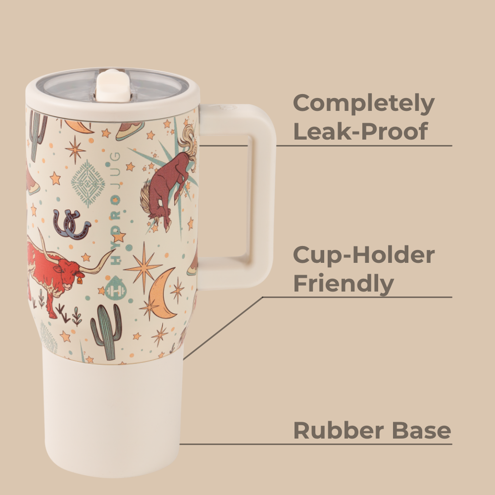 Rodeo Traveler 20oz Features – Leak-Proof, Cup-Holder Fit, Rubber Base