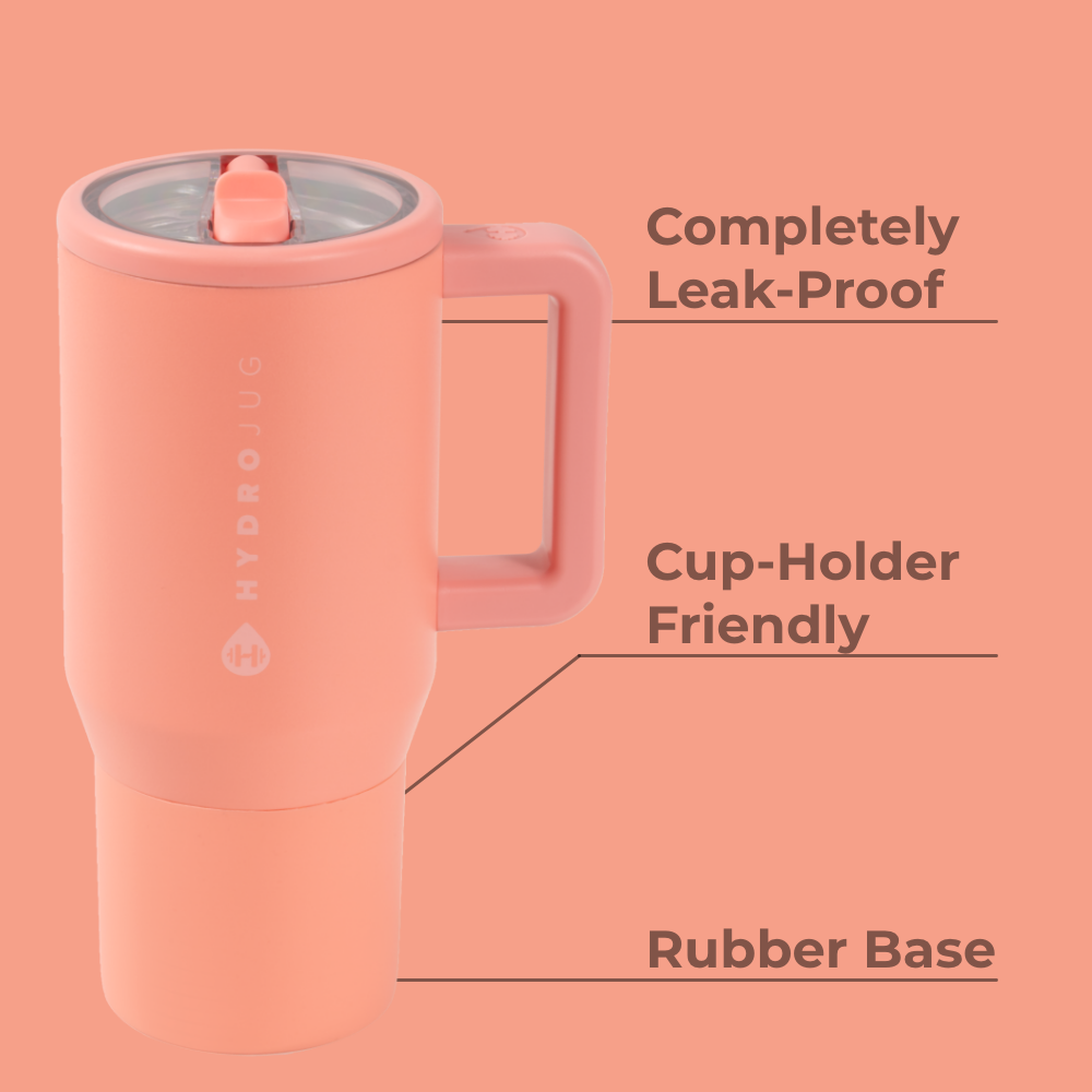 Summer Peach Traveler 20oz Features – Leak-Proof, Cup-Holder Fit, Rubber Base