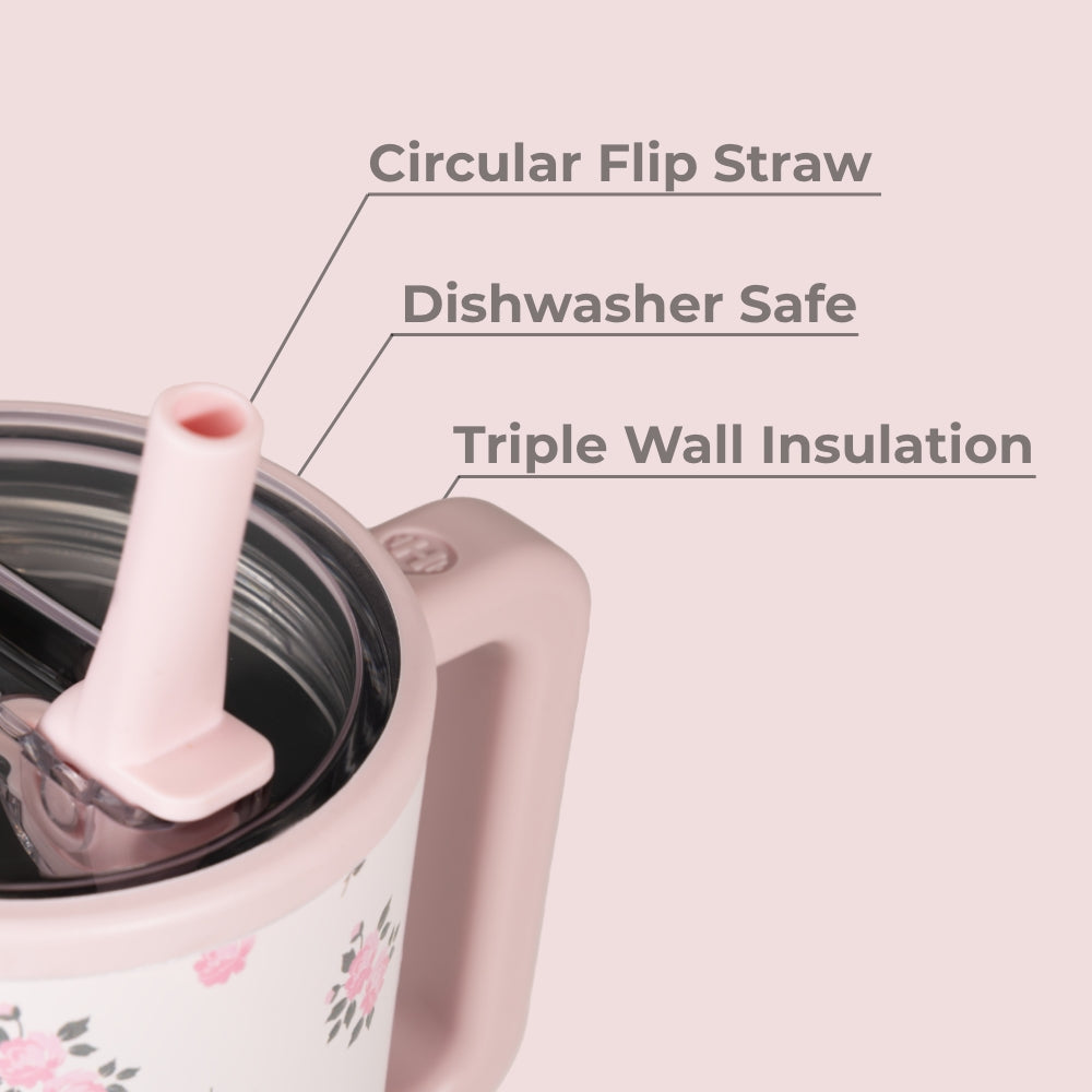 Wildrose Traveler 20oz Features – Flip Straw, Dishwasher Safe, Triple Wall Insulated