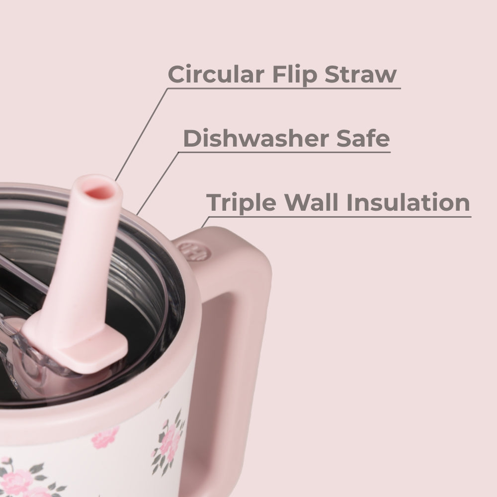 Wildrose Traveler 32oz Features – Flip Straw, Dishwasher Safe, Triple Wall Insulated