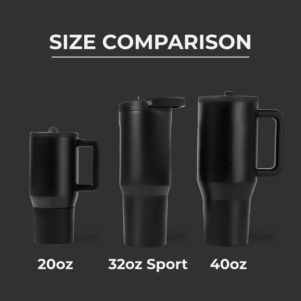 Tradeons Size Comparison – 20oz, 32oz Sport, and 40oz Bottles in Black
