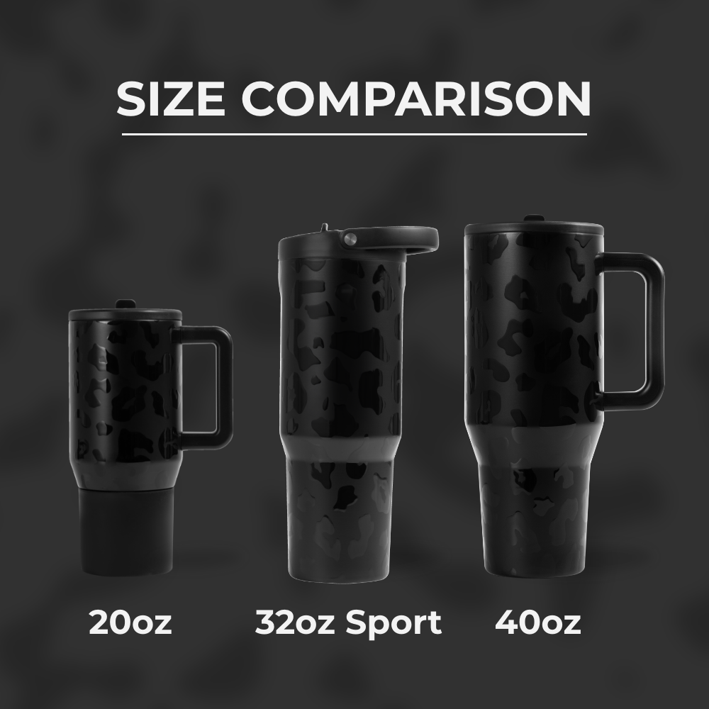 Tradeons Size Comparison – 20oz, 32oz Sport, and 40oz Bottles in Black Leopard