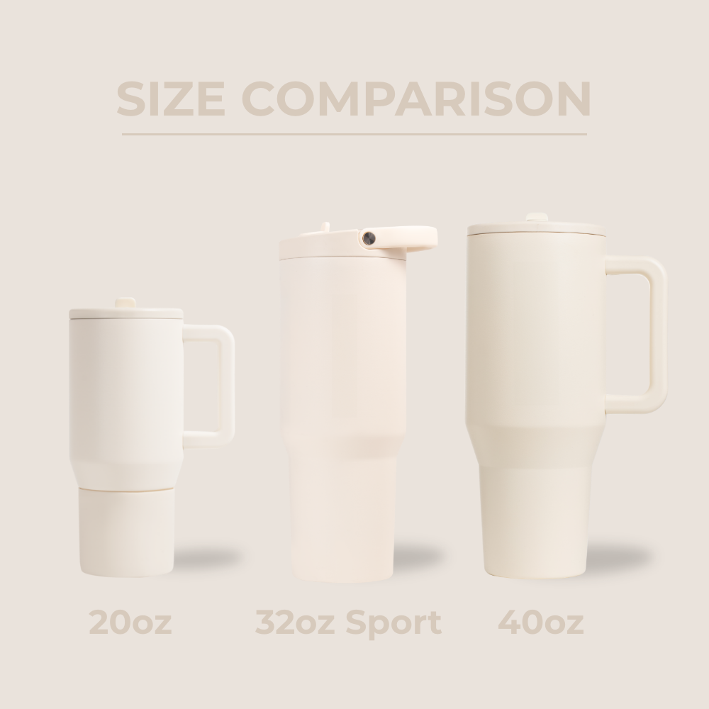Tradeons Size Comparison – 20oz, 32oz Sport, and 40oz Bottles in Cream