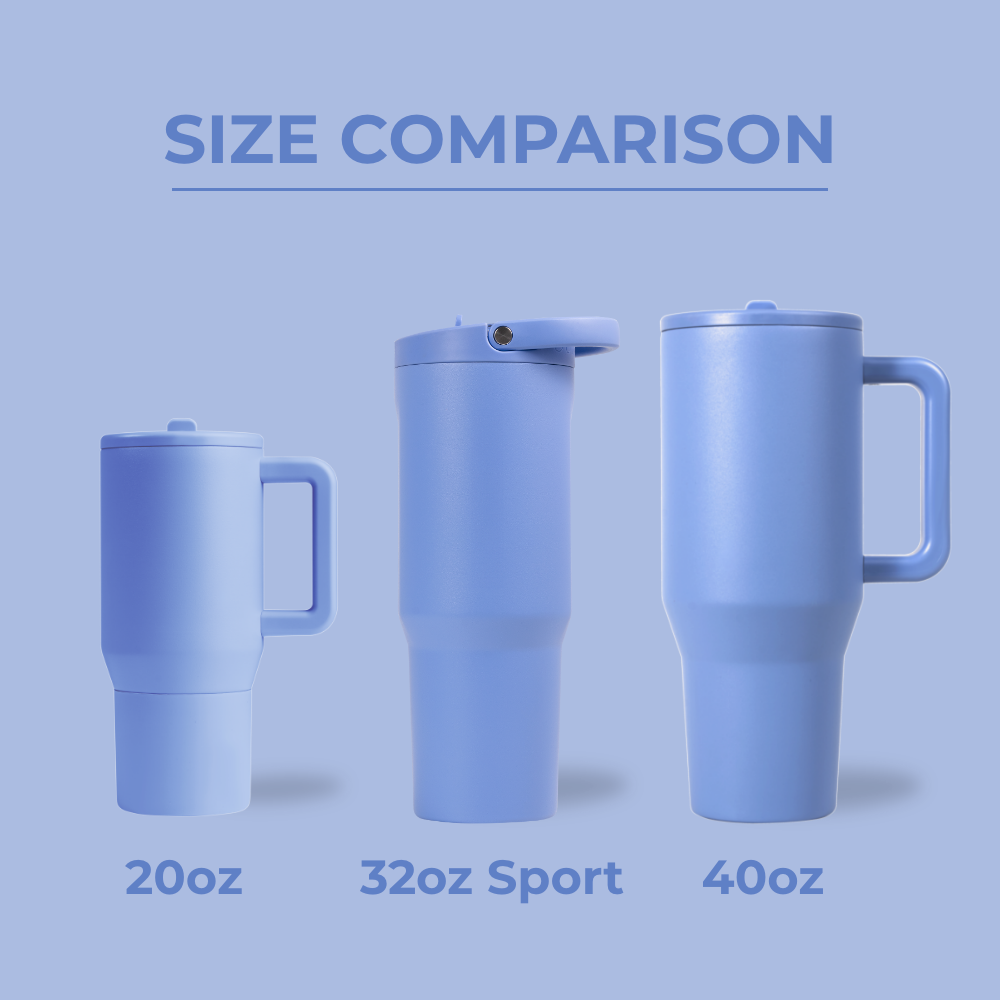 Tradeons Size Comparison – 20oz, 32oz Sport, and 40oz Bottles in Light Blue