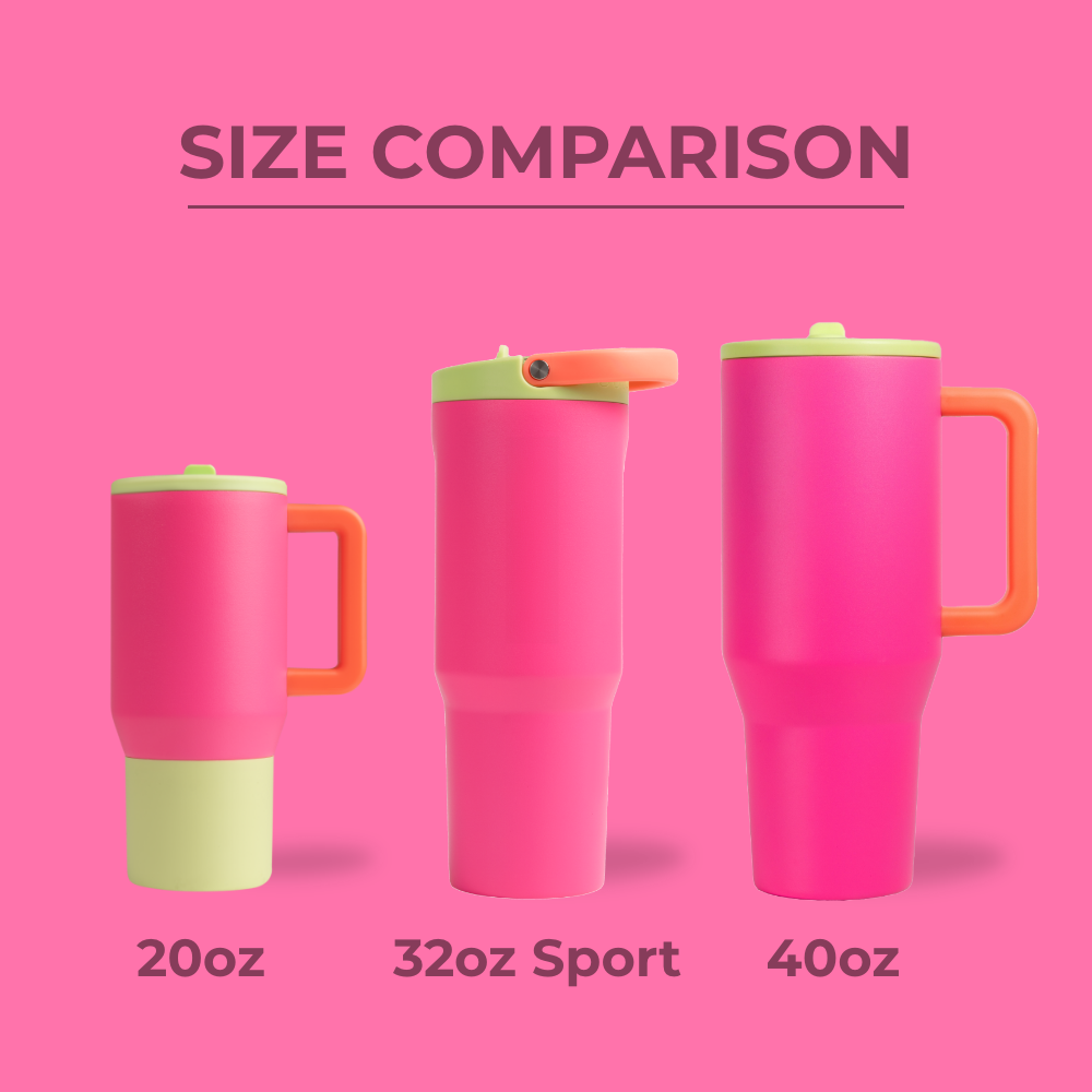 Tradeons Size Comparison – 20oz, 32oz Sport, and 40oz Bottles in Orchid