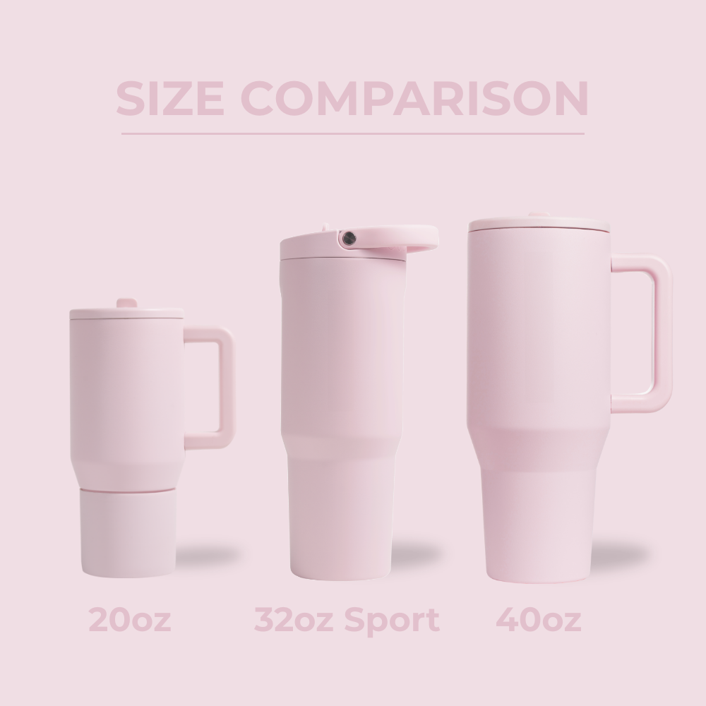Tradeons Size Comparison – 20oz, 32oz Sport, and 40oz Bottles in Pink Sand