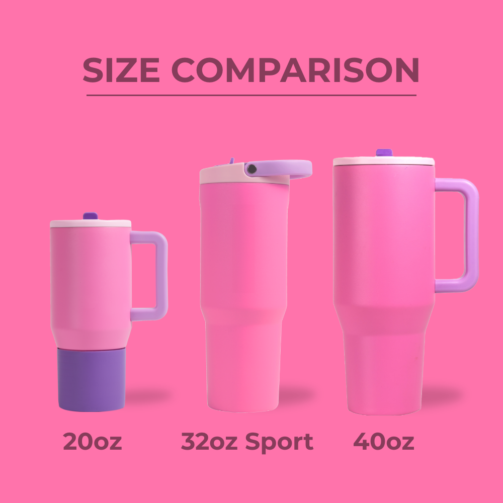 Tradeons Size Comparison – 20oz, 32oz Sport, and 40oz Bottles in Pink Sugar