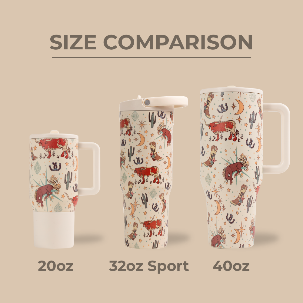 Tradeons Size Comparison – 20oz, 32oz Sport, and 40oz Bottles in Rodeo
