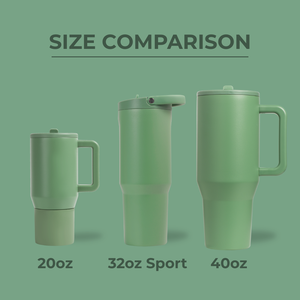 Tradeons Size Comparison – 20oz, 32oz Sport, and 40oz Bottles in Sage