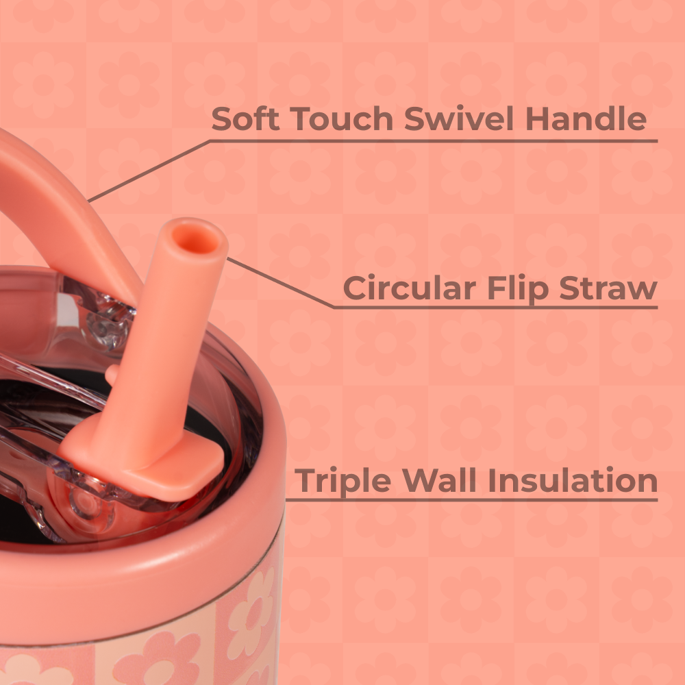 Daisy Checkers Sport Bottle 14oz Features – Swivel Handle, Flip Straw, Triple Wall Insulated