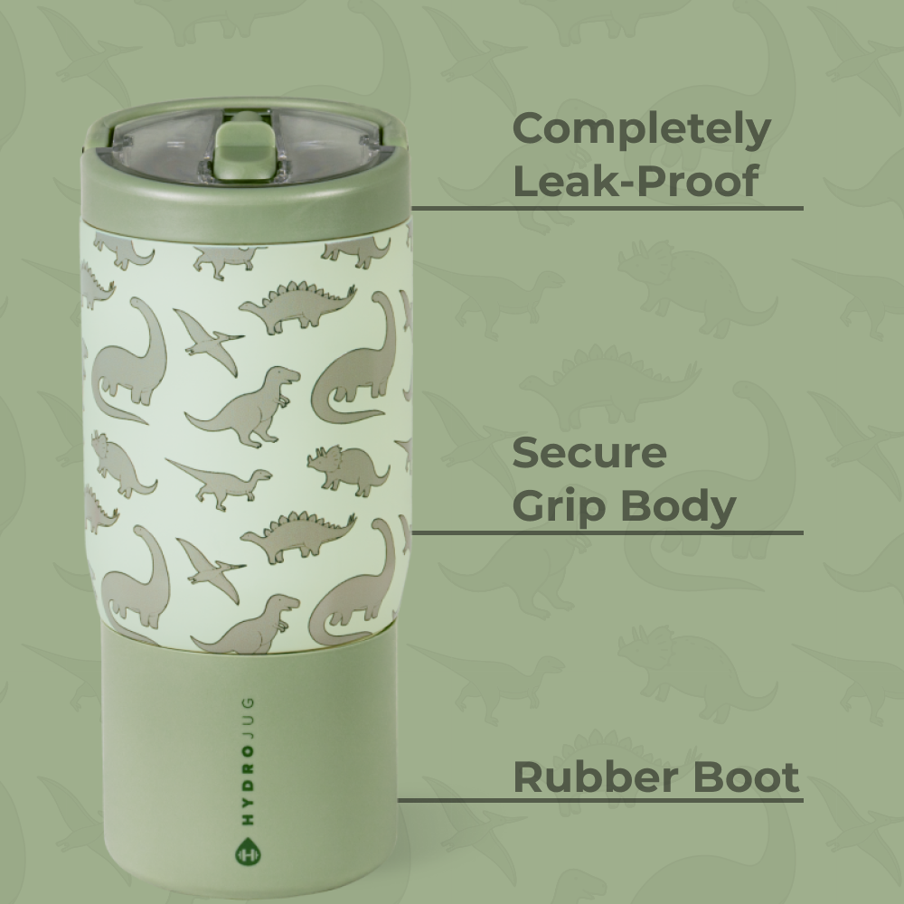 Dinosaur Sport Bottle 14oz Features – Leak-Proof, Grip Body, Rubber Boot
