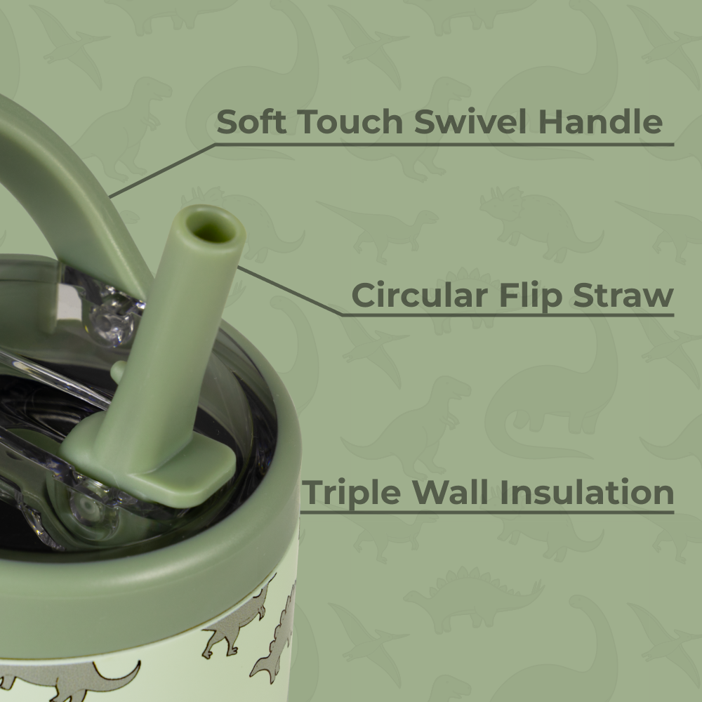 Dinosaur Sport Bottle 14oz Features – Swivel Handle, Flip Straw, Triple Wall Insulated