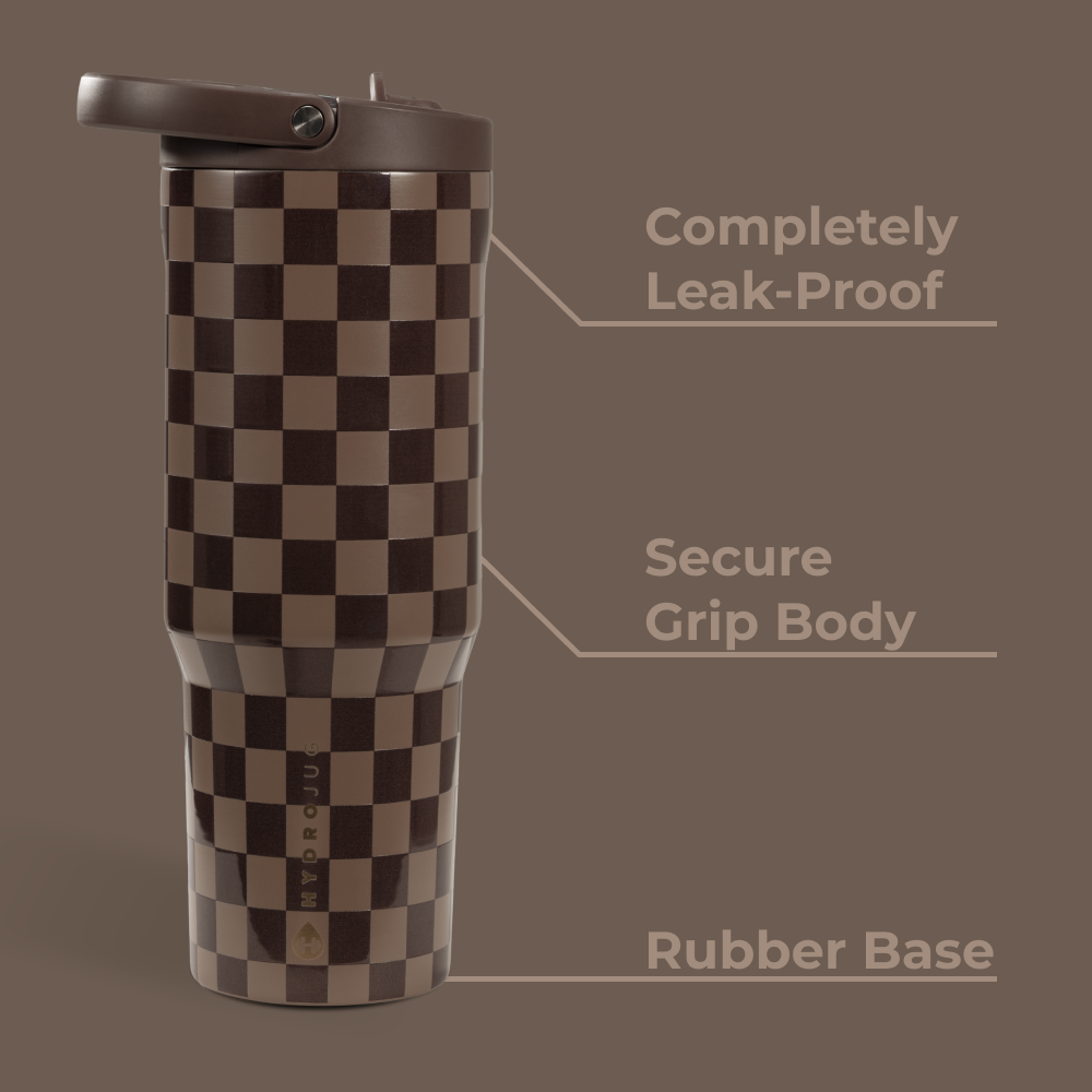 Autumn Checkers Sport Bottle 32oz Features – Leak-Proof, Grip Body, Rubber Base