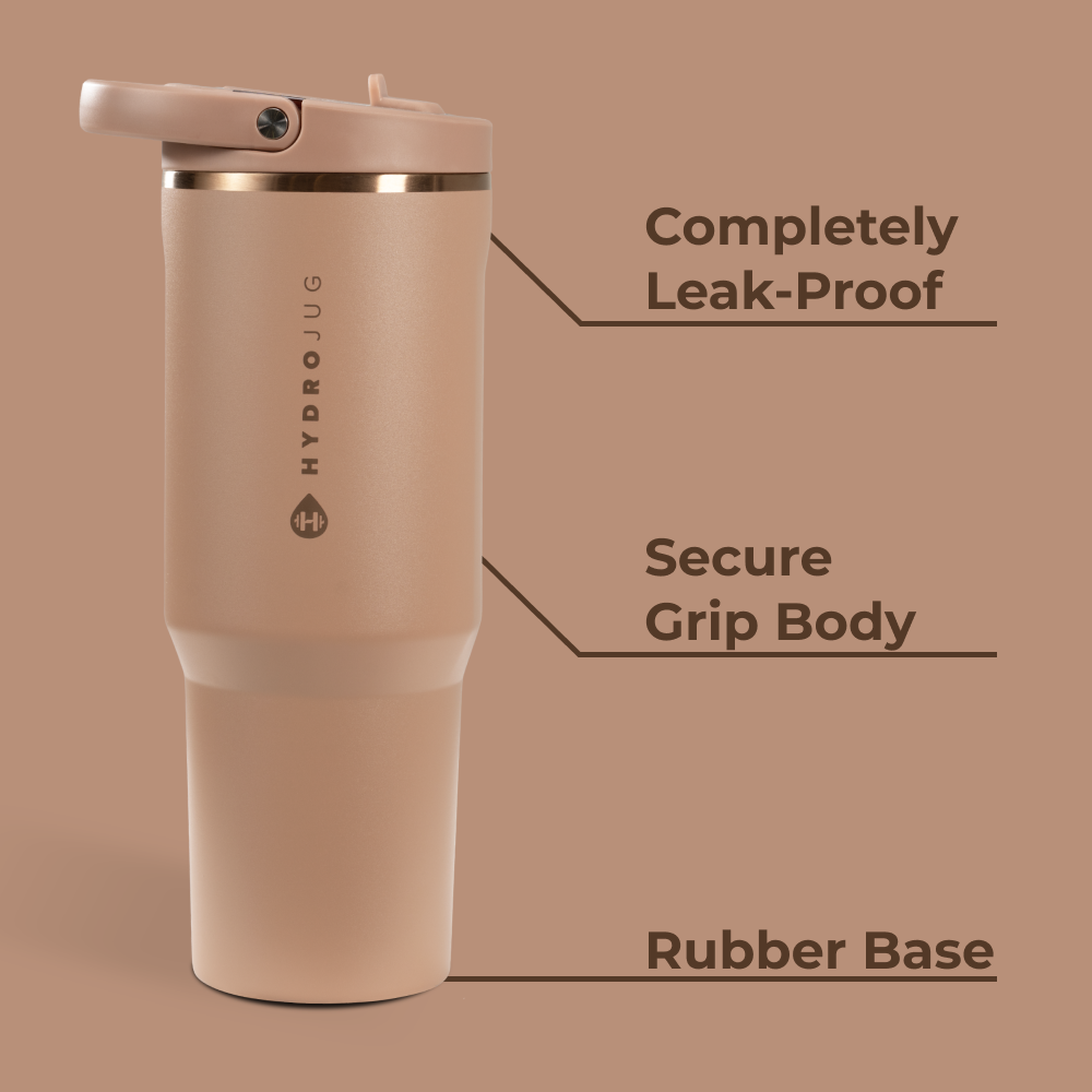 Caramel Sport Bottle 32oz Features – Leak-Proof, Grip Body, Rubber Base