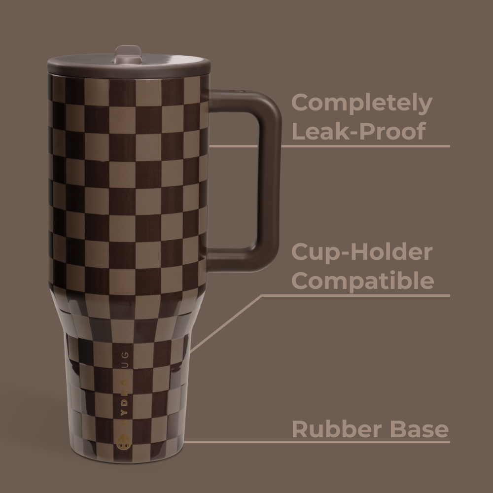 Autumn Checkers Traveler 32oz Features – Leak-Proof, Cup-Holder Fit, Rubber Base