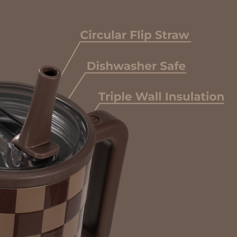 Autumn Checkers Traveler 32oz Features – Flip Straw, Dishwasher Safe, Triple Wall Insulated