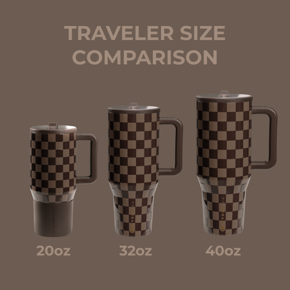 Tradeons Traveler Size Comparison – 20oz, 32oz, 40oz in Autumn Checkers