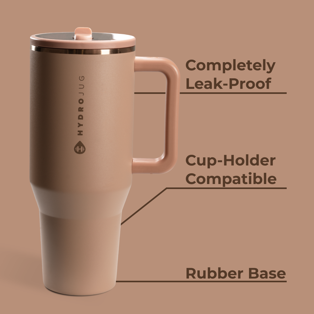 Caramel Traveler 32oz Features – Leak-Proof, Cup-Holder Fit, Rubber Base
