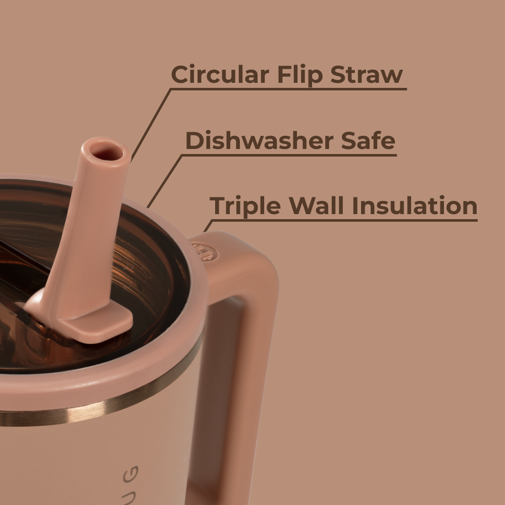 Caramel Traveler 40oz Features – Flip Straw, Dishwasher Safe, Triple Wall Insulated