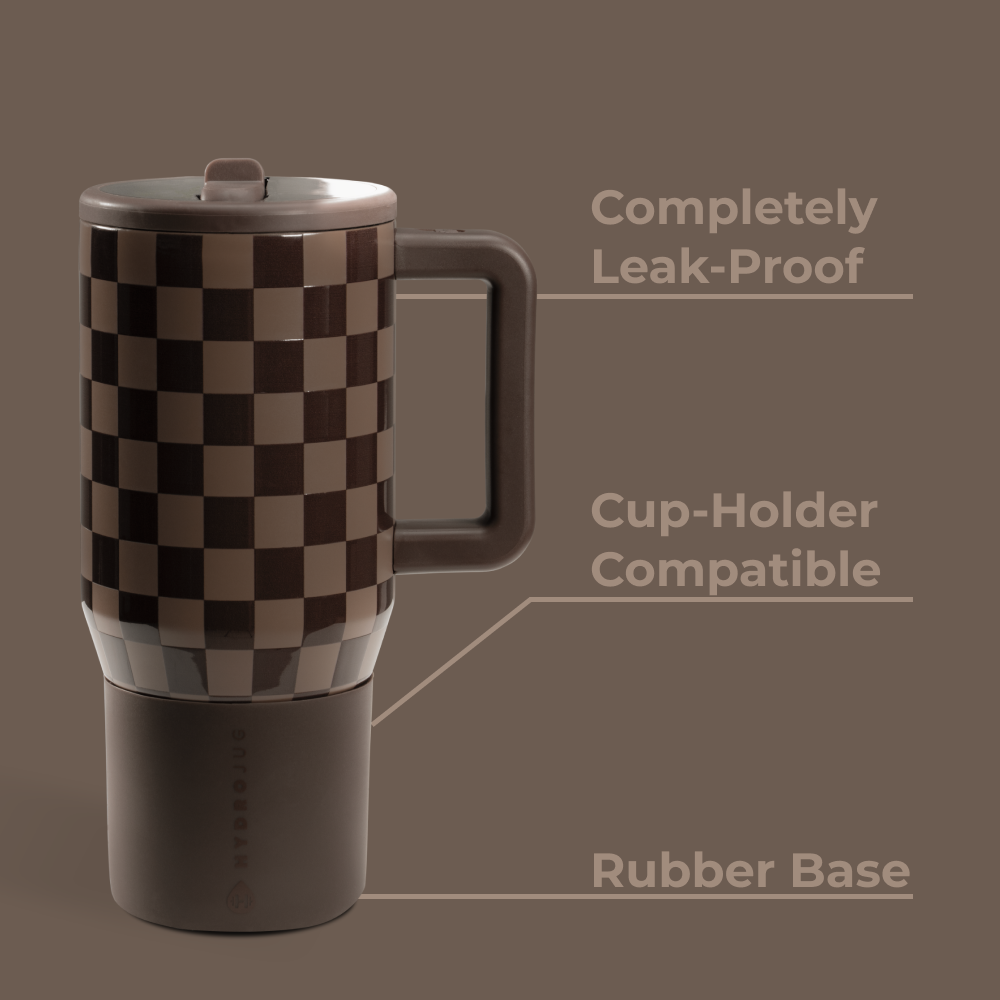 Autumn Checkers Traveler 20oz Features – Leak-Proof, Cup-Holder Fit, Rubber Base