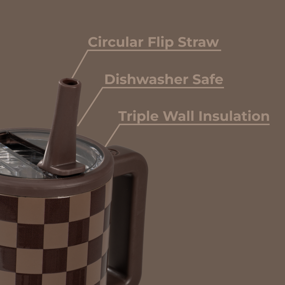 Autumn Checkers Traveler 20oz Features – Flip Straw, Dishwasher Safe, Triple Wall Insulated