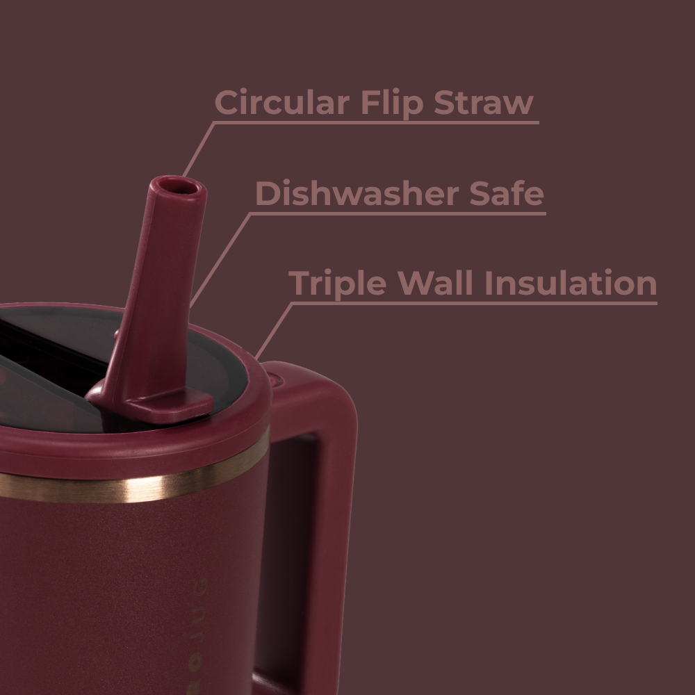 Merlot Traveler 20oz Features – Flip Straw, Dishwasher Safe, Triple Wall Insulated