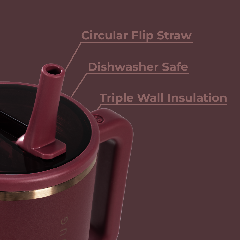 Merlot Traveler 32oz Features – Flip Straw, Dishwasher Safe, Triple Wall Insulated