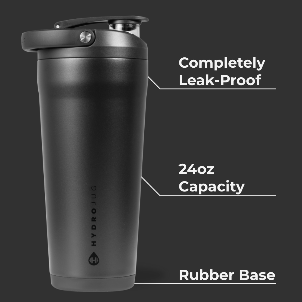 Black Insulated Shaker 24oz Features – Leak-Proof, Rubber Base, 24oz Capacity