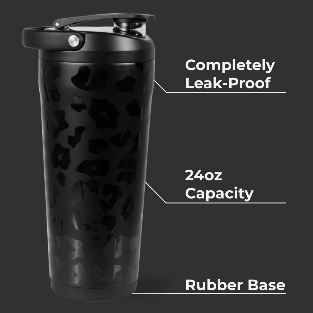 Black Leopard Insulated Shaker 24oz Features – Leak-Proof, Rubber Base, 24oz Capacity