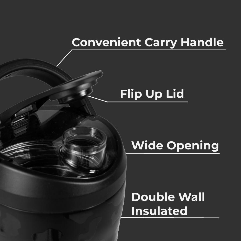 Black Leopard Insulated Shaker 24oz Features – Carry Handle, Flip Lid, Wide Opening, Insulated