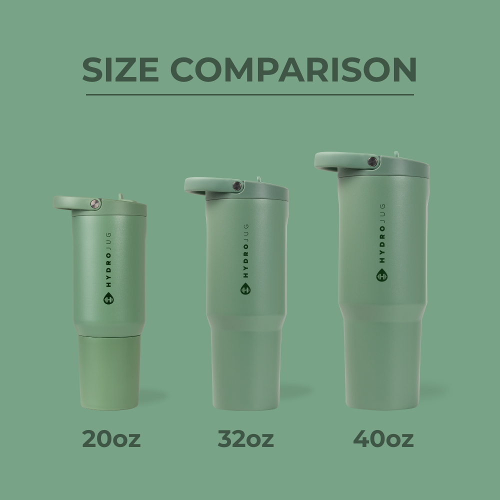 Tradeons Size Comparison – 20oz, 32oz Sport, and 40oz Bottles in Sage