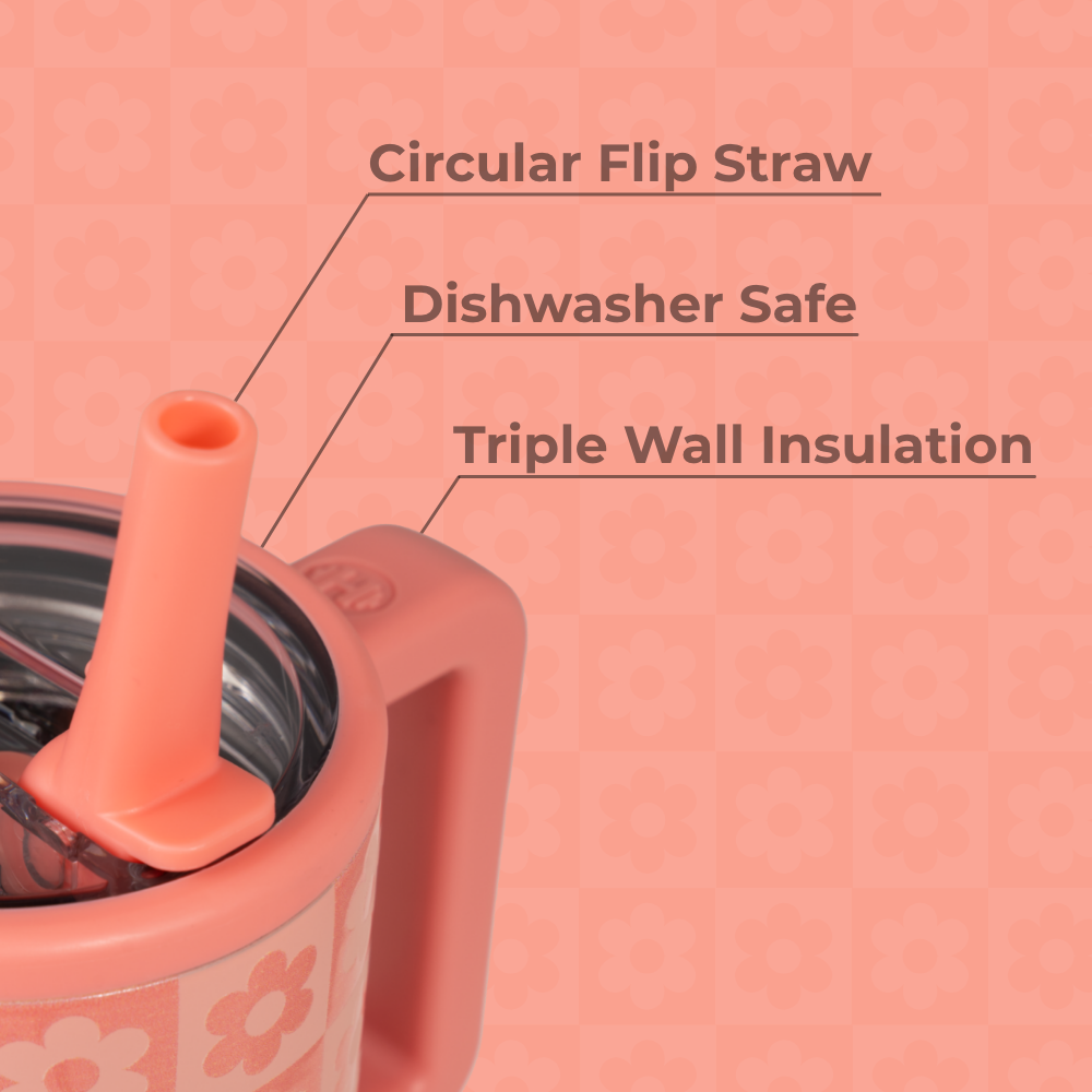 Daisy Checkers Traveler 20oz Features – Flip Straw, Dishwasher Safe, Triple Wall Insulated