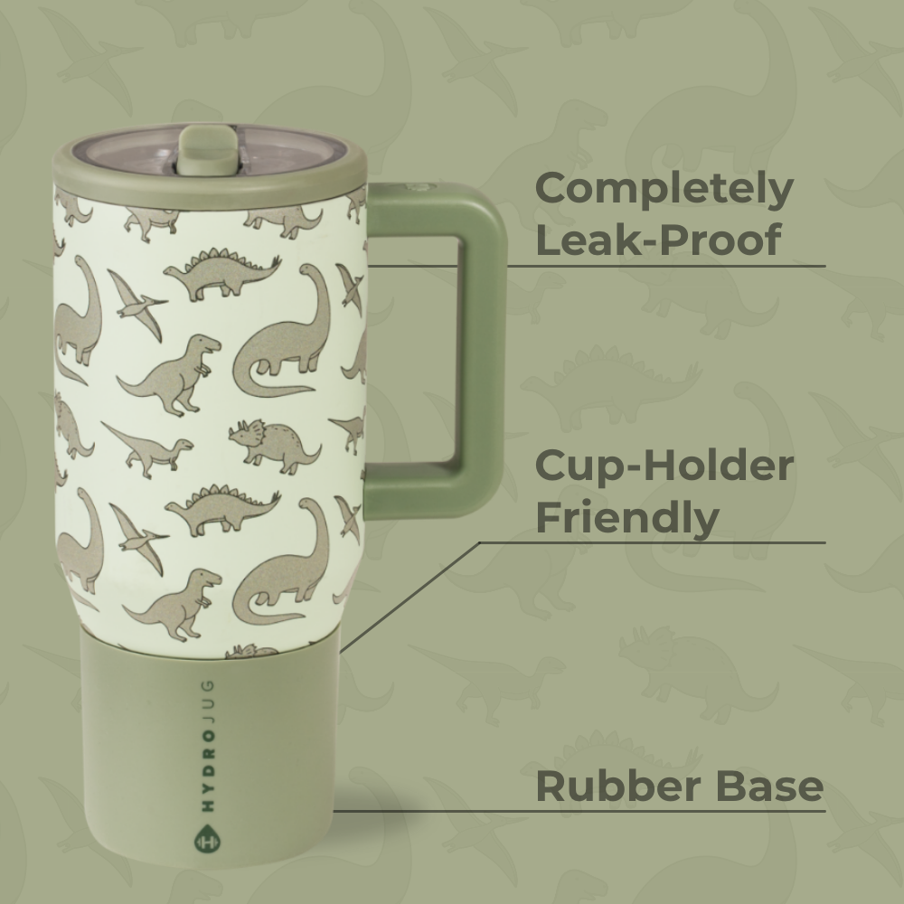 Dinosaur Traveler 20oz Features – Leak-Proof, Cup-Holder Fit, Rubber Base