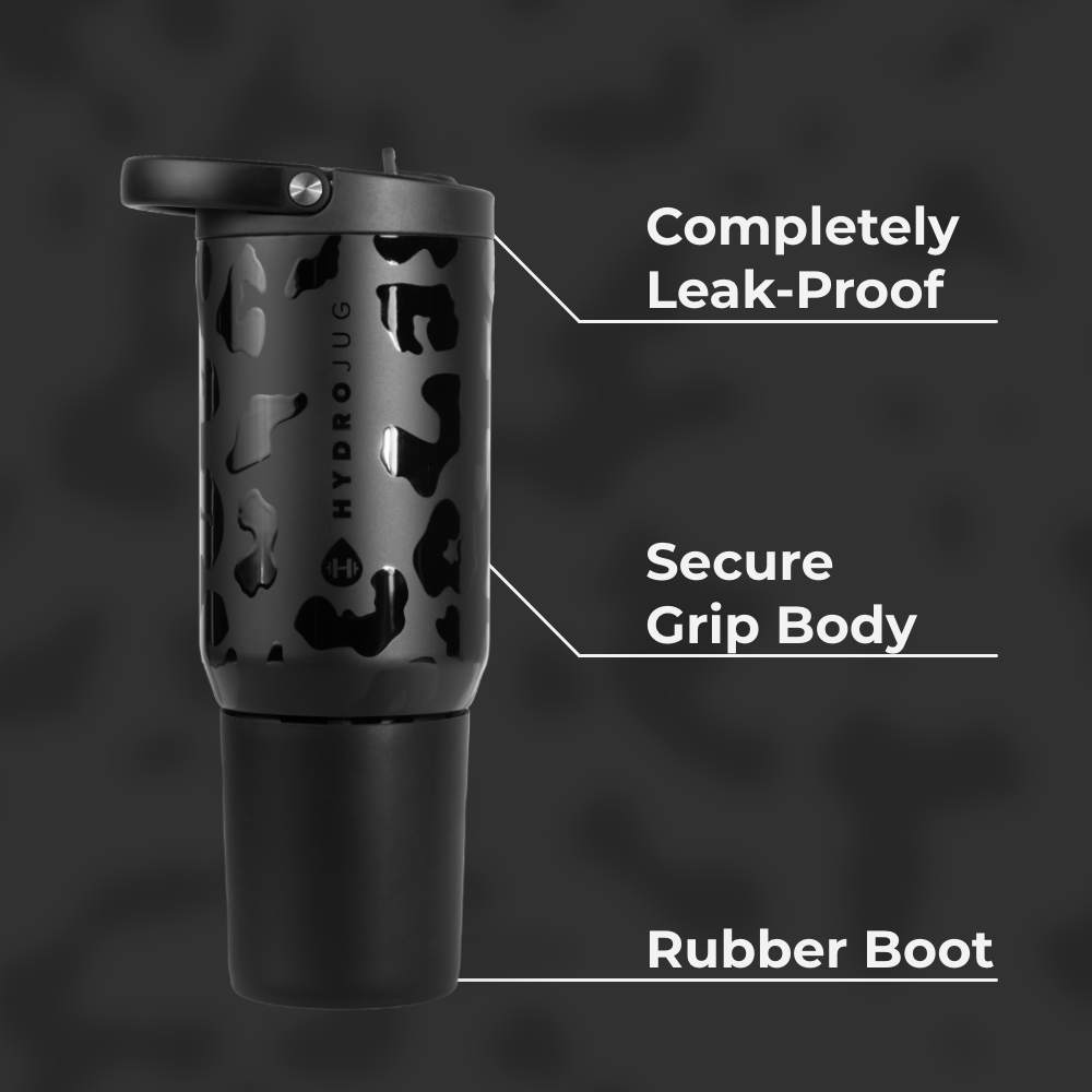 Black Leopard Sport Bottle 20oz Features – Leak-Proof, Grip Body, Rubber Boot