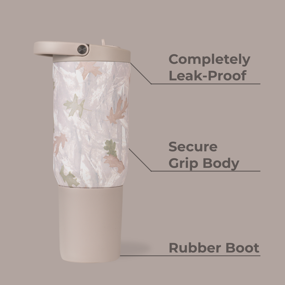Camo Sport Bottle 20oz Features – Leak-Proof, Grip Body, Rubber Boot