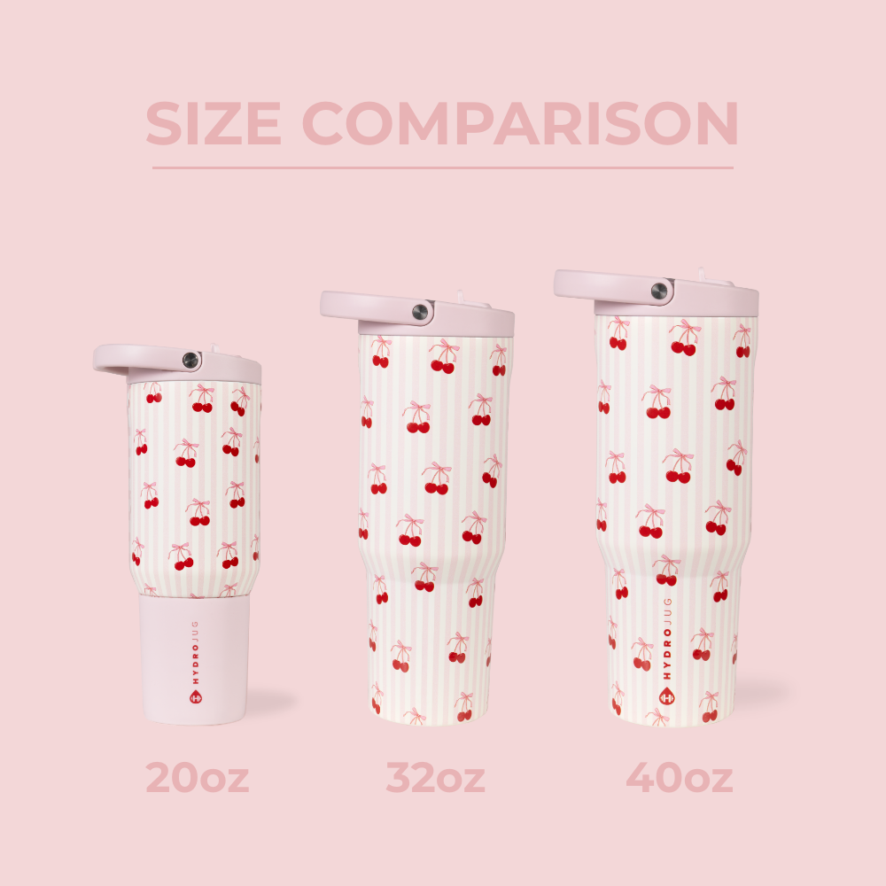 Tradeons Size Comparison – 20oz, 32oz Sport, and 40oz Bottles in Sweet Cherry